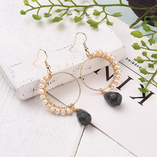 

PandaHall Faceted Teardrop Natural Labradorite Dangle Earrings, with Natural Pearl Beads and Brass Earring Hooks, Golden, 62mm, Pin: 0.8mm...