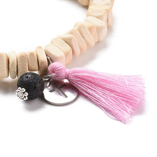 

PandaHall Stretch Charm Bracelets, with Coconut Beads, Natural Lava Rock Beads, 304 Stainless Steel Charms and Cotton Thread Tassels, Flat..., Pink