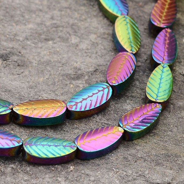 PandaHall Electroplated Leaf Non-magnetic Synthetic Hematite Bead Strands, Multi-color Plated, 7.5x4x2mm, Hole: 0.5mm, about 55pcs/strand...