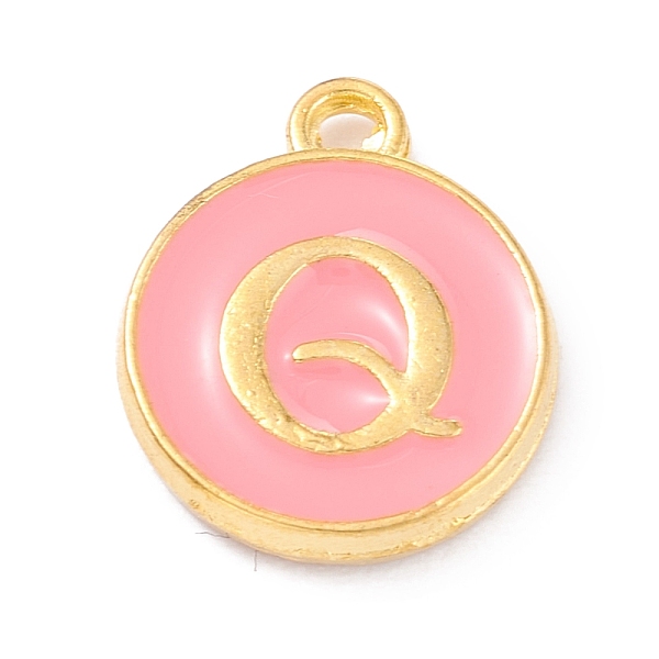 

PandaHall Golden Plated Alloy Enamel Charms, Enamelled Sequins, Flat Round with Alphabet, Letter.Q, Pink, 14x12x2mm, Hole: 1.5mm...