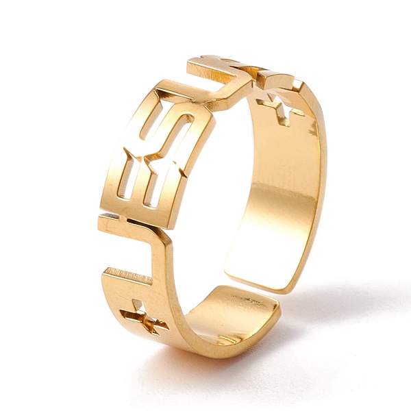 

PandaHall Word Jesus 304 Stainless Steel Cuff Ring, Hollow Open Ring for Women, Golden, Inner Diameter: US Size 7 3/4(18mm) 304 Stainless...