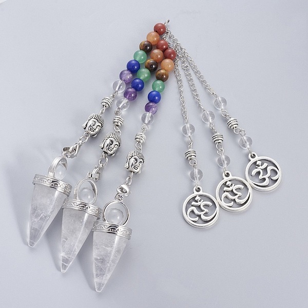 

PandaHall Chakra Jewelry Natural Quartz Crystal Cone Dowsing Pendulums, with Brass Finding and Alloy Chain, Antique Silver, 235~245x2.5mm...