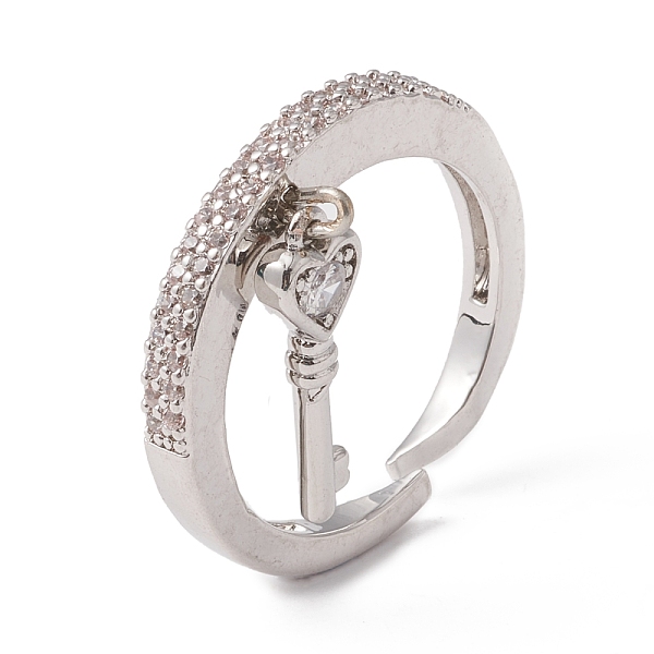 

PandaHall Clear Cubic Zirconia Heart Skeleton Key Charm Open Cuff Ring, Rack Plating Brass Chunky Ring for Women, Lead Free & Cadmium Free...