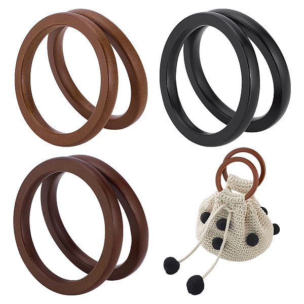 PH PandaHall 6pcs Wooden Flat Round Bag Handles 3 Colors Decorative Purse Handles 4.5 inch Ring Handbag Purse Handle Replacement for DIY...