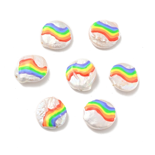 

PandaHall Flat Round Enamel Natural Pearl Beads, Rainbow Pattern, Colorful, 17x16x5mm, Hole: 1mm Pearl Flat Round