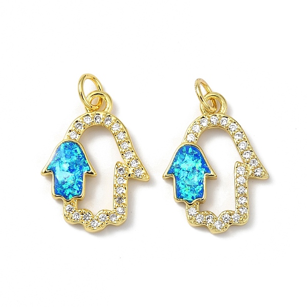 

PandaHall Brass Micro Pave Cubic Zirconia Pendants, with Synthetic Opal and Jump Ring, Hamsa Hand, Real 18K Gold Plated, 19x14x2.5mm, Hole..., Clear