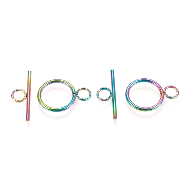 

PandaHall Ion Plating(IP) 304 Stainless Steel Toggle Clasps, Ring, Rainbow Color, Ring: 27.5x19.5x2mm, Hole: 5.5mm, Bar: 30x10x2mm, Hole...