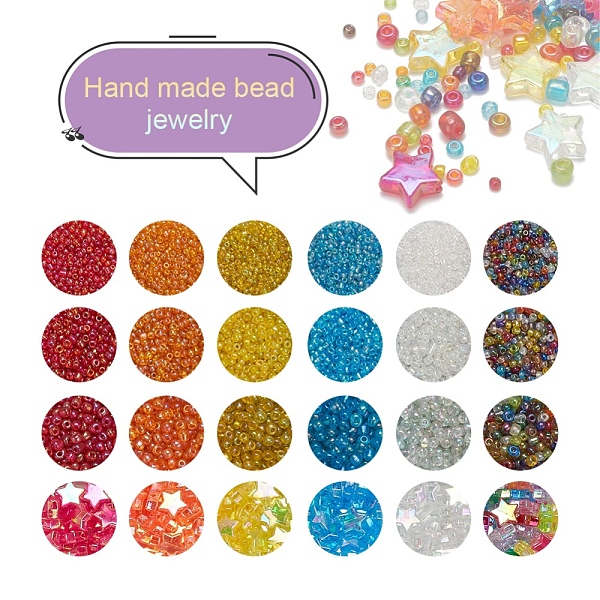 

PandaHall 24 Style Round Glass Seed Beads, with Star Acrylic Beads, Mixed Color, 2~4mm, Hole: 1~1.5mm, 9156pcs/box Glass Multicolor