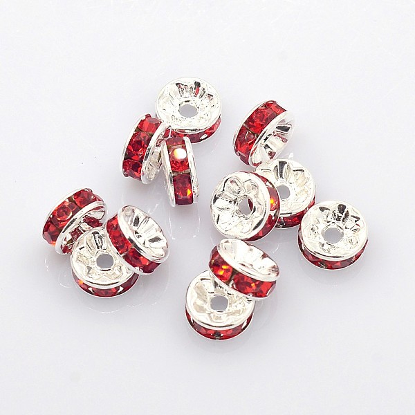 

PandaHall Brass Rhinestone Spacer Beads, Grade A, Silver Color Plated, Rondelle, Red, Size: about 8mm in diameter, 3.5mm thick, hole: 2mm...