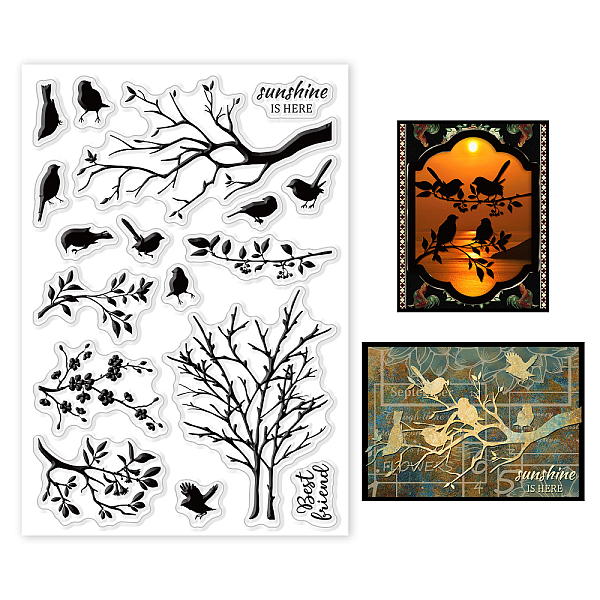 

PandaHall GLOBLELAND Birds and Branches Clear Stamps for Cards Making Tree Flower Silhouettes Silicone Clear Stamp Seals for DIY...