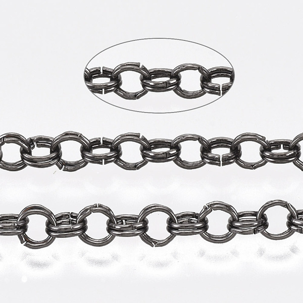 

PandaHall Iron Rolo Chains, Double Link Chains, Unwelded, with Spool, Gunmetal, Link: 3.6x0.5mm, about 164.04 Feet(50m)/roll Iron