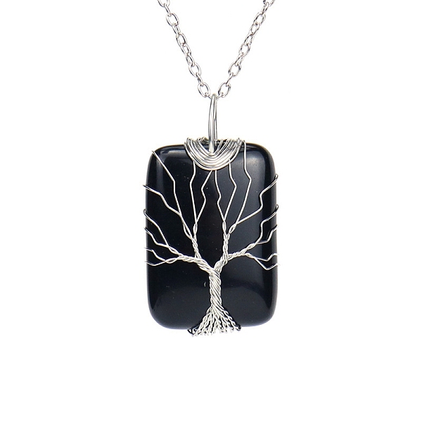 

PandaHall Natural Obsidian Pendant Necklace with Brass Cable Chains, Rectangle with Tree, 20.47 inch(52cm) Obsidian