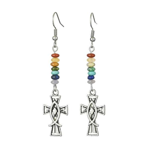 

PandaHall Alloy Enamel Cross Dangle Earrings, Natural & Synthetic Mixed Gemstone Beaded Chakra Theme Earrings, 65x14mm Mixed Stone Cross