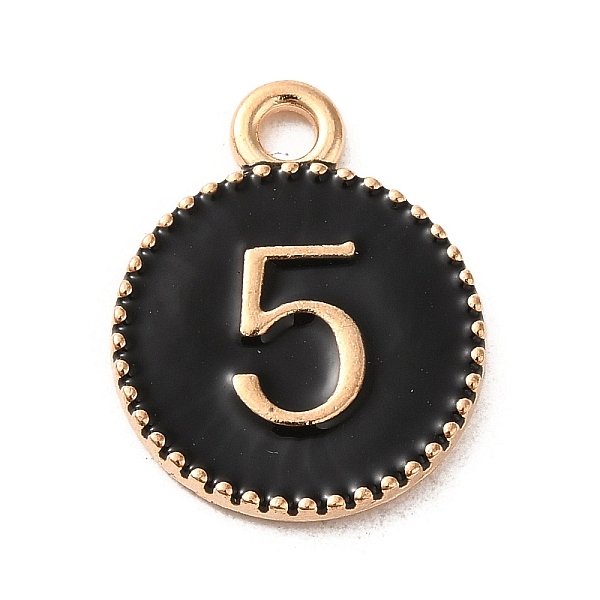 

PandaHall Alloy Enamel Pendants, Light Gold, Flat Round with Number 5 Charm, Black, 19x15x2mm, Hole: 2.2mm Alloy+Enamel Flat Round Black