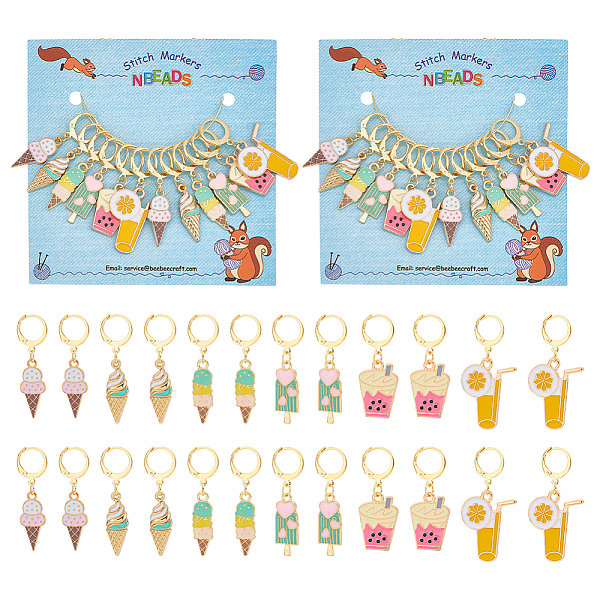 

PandaHall 12Pcs 6 Style Alloy Enamel Icecream and Drink Charms Locking Stitch Markers, with Gold Tone 304 Stainless Steel Leverback Earring..., Multicolor