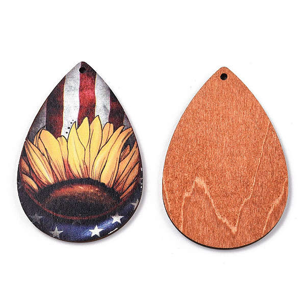 

PandaHall Single Face Sunflower Printed Wood Big Pendants, Teardrop Charm, Colorful, Flag Pattern, 60x40x3mm, Hole: 2mm Wood Flag