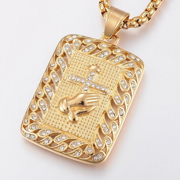 

PandaHall 304 Stainless Steel Pendant Necklaces, with Rhinestone, Rectangle with Hand & Cross, Golden, 24.4 inch(62cm) Rhinestone Clear