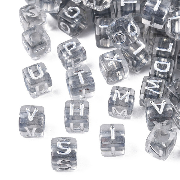

PandaHall Transparent Plating Acrylic Beads, Horizontal Hole, Metal Enlaced, Alphabet Style, Cube with Random Letter A`Z, Silver, 6x6x6mm...