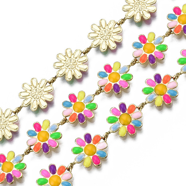 

PandaHall Brass Flower Link Chains, with Enamel, Unwelded, Real 16K Gold Plated, Colorful, 13.5~14x9.5~10x1mm Brass+Enamel