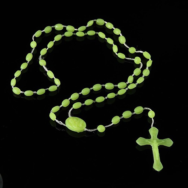 

PandaHall Luminous Plastic Rosary Bead Necklace, Glow in the Dark Cross Pendant Necklace for Women, Lawn Green, 21.65 inch(55cm) Plastic