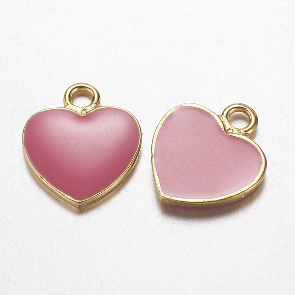 PandaHall Alloy Enamel Pendants, Heart, Golden, Pale Violet Red, 18x15.5x2mm, Hole: 2.5mm Alloy+Enamel Heart Pink