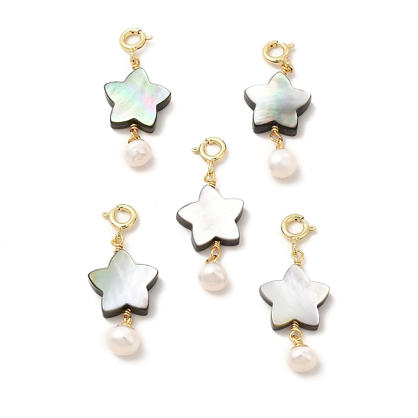 

PandaHall Natural Paua Shell Star Brass Spring Ring Clasps Charms, with Natural Pearl Round Beads, Real 14K Gold Plated, 33x13x6mm Brass