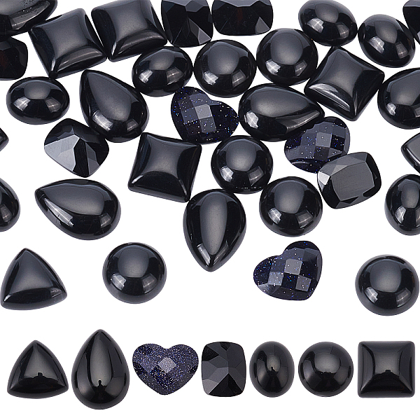 

PandaHall 42Pcs 7 Style Natural & Synthetic Gemstone Cabochons, Faceted, Oval & Teardrop & Triangle & Heart & Half Round & Rectangle &..., Black