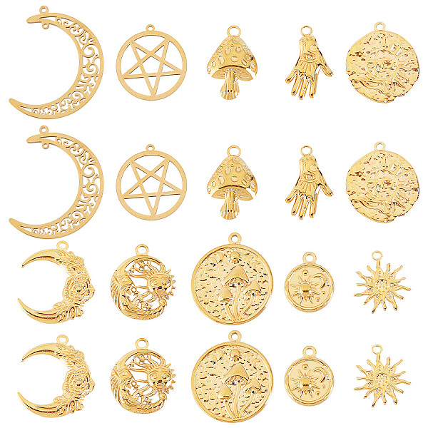 

PandaHall SUNNYCLUE 1 Box 20Pcs 10 Style Tarot Charm 304 Stainless Steel Moon Charms Tarot Card Charm Ouijas Magic Mushroom Star Sun Evil...