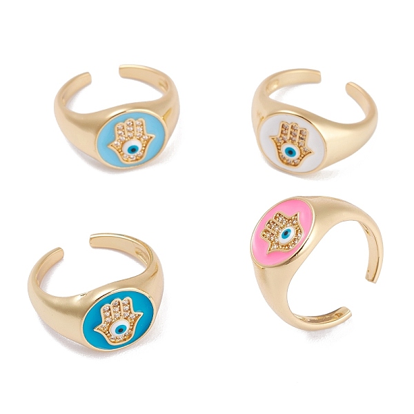 

PandaHall Brass Clear Cubic Zirconia Open Rings, Long-Lasting Plated, with Enamel, Real 18K Gold Plated, Flat Round with Palm & Evil Eye..., Multicolor