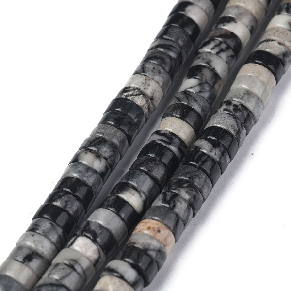 

PandaHall Natural Black Silk Stone/Netstone Beads Strands, Heishi Beads, Flat Round/Disc, 6x3mm, Hole: 1mm, about 119~131pcs/strand...