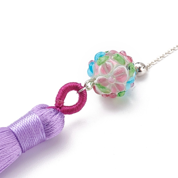 

PandaHall Metal Bookmark Gift with Polyester Tassel Big Pendant Decorations, Handmade Bumpy Lampwork & Brass Beads, for Book Lovers, Writers..., Purple