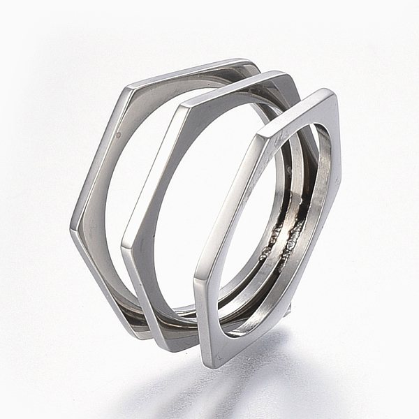 

PandaHall 304 Stainless Steel Wide Band Finger Rings, Hexagon, Size 6~9, Stainless Steel Color, 16~19mm 304 Stainless Steel