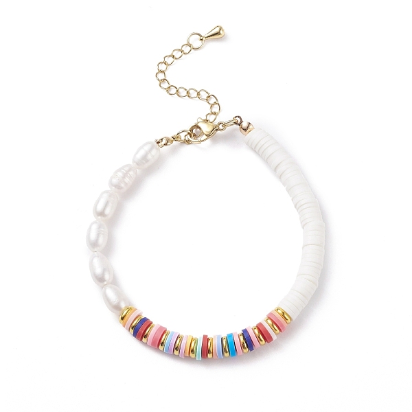 

PandaHall Natural Pearl & Polymer Clay Beaded Bracelet, Preppy Bracelet for Women, Colorful, 7-5/8 inch(19.25cm) Pearl