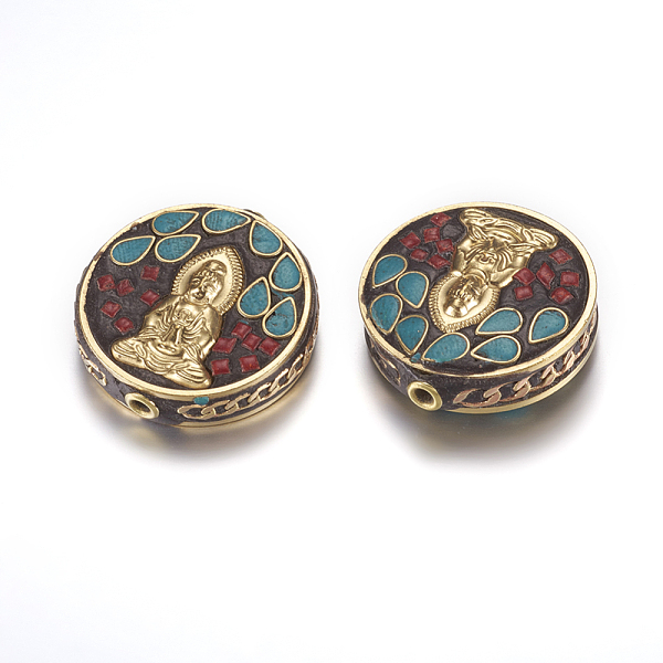 

PandaHall Handmade Indonesia Beads, with Brass Findings, Nickel Free, Flat Round with Guan Yin, Goddess of Mercy, Colorful, Unplated...