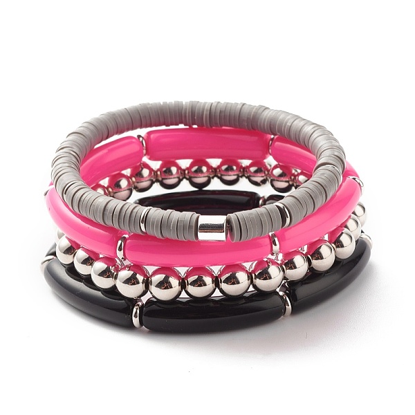 

PandaHall Synthetic Hematite & Polymer Clay Heishi Beads Stretch Bracelets Set, Chunky Curved Tube Beads Stackable Bracelets for Women..., Multicolor