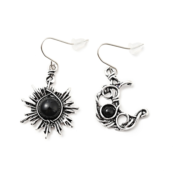 

PandaHall Resin Beaded Moon and Sun Asymmetrical Earrings, Alloy Dangle Earrings for Women, Black, 40.5~45mm, Pin: 0.6mm Resin Black