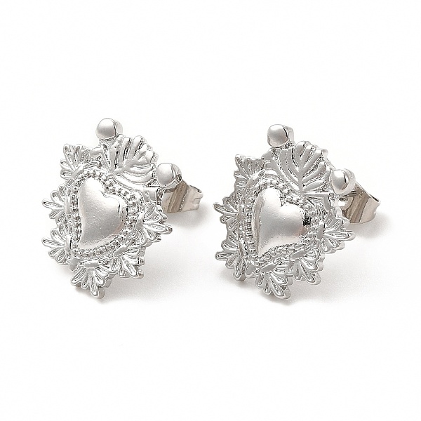 

PandaHall Rack Plating Brass Heart with Leaf Stud Earrings for Women, Cadmium Free & Lead Free, Platinum, 15.5x15mm, Pin: 1mm Brass Heart