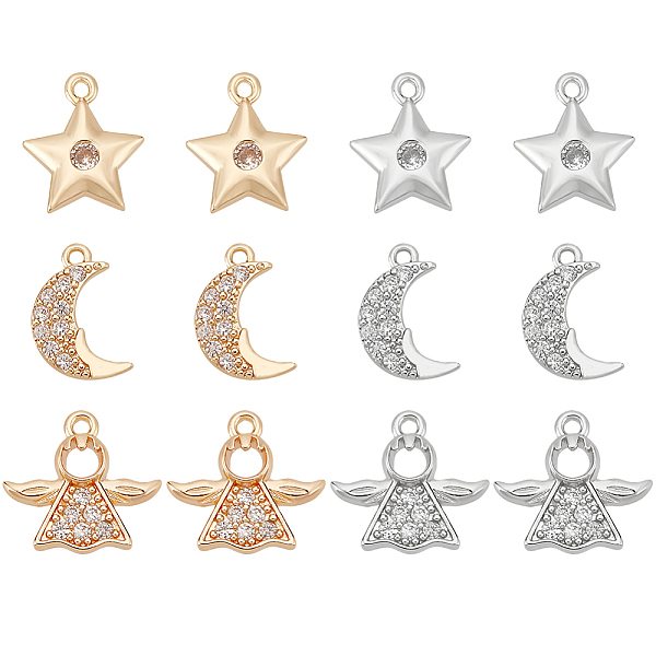 

PandaHall BENECREAT 12Pcs 6 Style Brass Cubic Zirconia Charms, Glitter Rhinestone Moon Star Angel Shape Pendants for Earrings Bracelet..., Clear