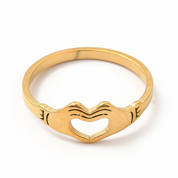 

PandaHall 304 Stainless Steel Hollow Out Heart Hand Finger Ring for Women, Golden, Inner Diameter: 18mm 304 Stainless Steel Heart