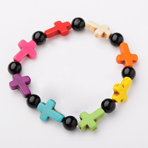 

PandaHall Natural & Synthetic Mixed Stone Round Beads Stretch Bracelets, with Colorful Synthetic Howlite Cross Beads, 57mm Mixed Stone Black
