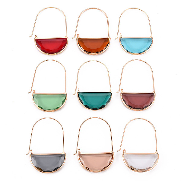 

PandaHall Brass Glass Hoop Earrings, Faceted, Half Round, Golden, Mixed Color, 46mm, Pin: 0.8mm Glass Half Round Multicolor