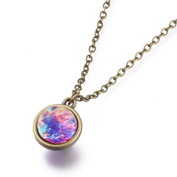 

PandaHall Glass Pendant Necklace, with Alloy Cable Chains and Lobster Claw Clasps, Cadmium Free & Lead Free, Round, Galaxy Pattern, 20.07...