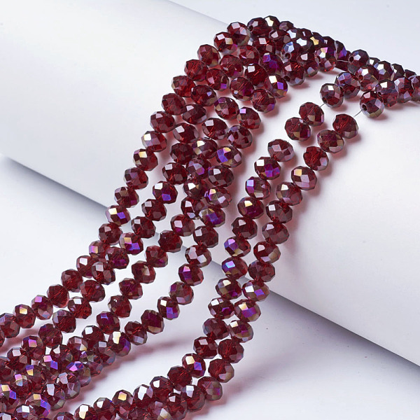 

PandaHall Electroplate Transparent Glass Beads Strands, Half Rainbow Plated, Faceted, Rondelle, Dark Red, 4x3mm, Hole: 0.4mm, about...