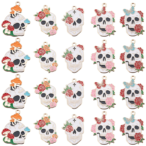 

PandaHall SUNNYCLUE 20pcs 5 style Halloween Alloy Pendants, with Enamel, Light Gold, Skull with Crow/Rose/Mushroom, Mixed Color..., Multicolor
