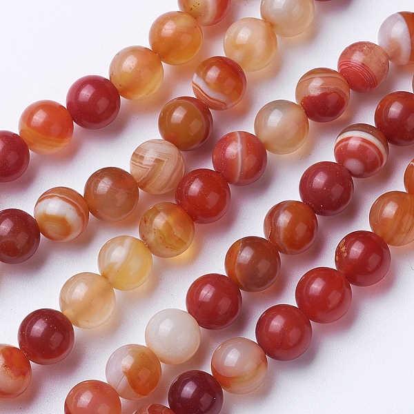 PandaHall Natural Grade A Striped Agate/Banded Agate Beads Strands, Dyed & Heated, Round, Coral, 6mm, Hole: 1mm, about 62pcs/strand, 14.9...