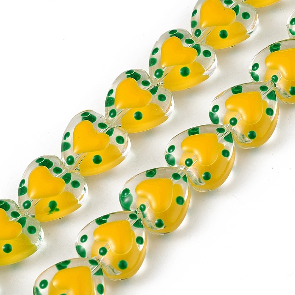 

PandaHall Handmade Lampwork Beads Strands, with Enamel, Heart, Gold, 12x12.5x7mm, Hole: 1mm, about 30pcs/strand, 13.39 inch(34cm) Lampwork...