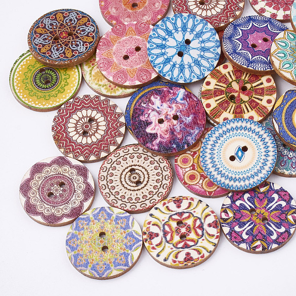 

PandaHall 2-Hole Printed Wooden Buttons, Lead Free, Flat Round, Mixed Color, 25x2.5mm, Hole: 2mm Wood Flat Round Multicolor
