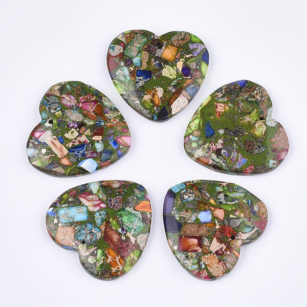 

PandaHall Synthetic Gold Line Regalite/Imperial Jasper/Sea Sediment Jasper Pendants, Dyed, Heart, Colorful, 38.5~39.5x40~40.5x7~7.5mm, Hole...