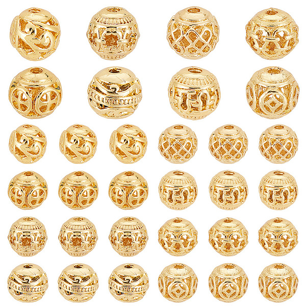 

PandaHall 32Pcs 8 Style Alloy Hollow Beads, Round, Cadmium Free & Lead Free, Real 18K Gold Plated, 8x7~8mm, Hole: 1.5~2mm, 4pcs/style...