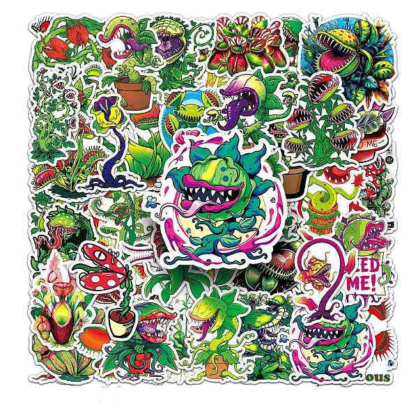 

PandaHall 50Pcs PVC Waterproof Self Adhesive Horror Flower Sticker Labels, for Suitcase, Skateboard, Refrigerator, Helmet, Mobile Phone..., Green